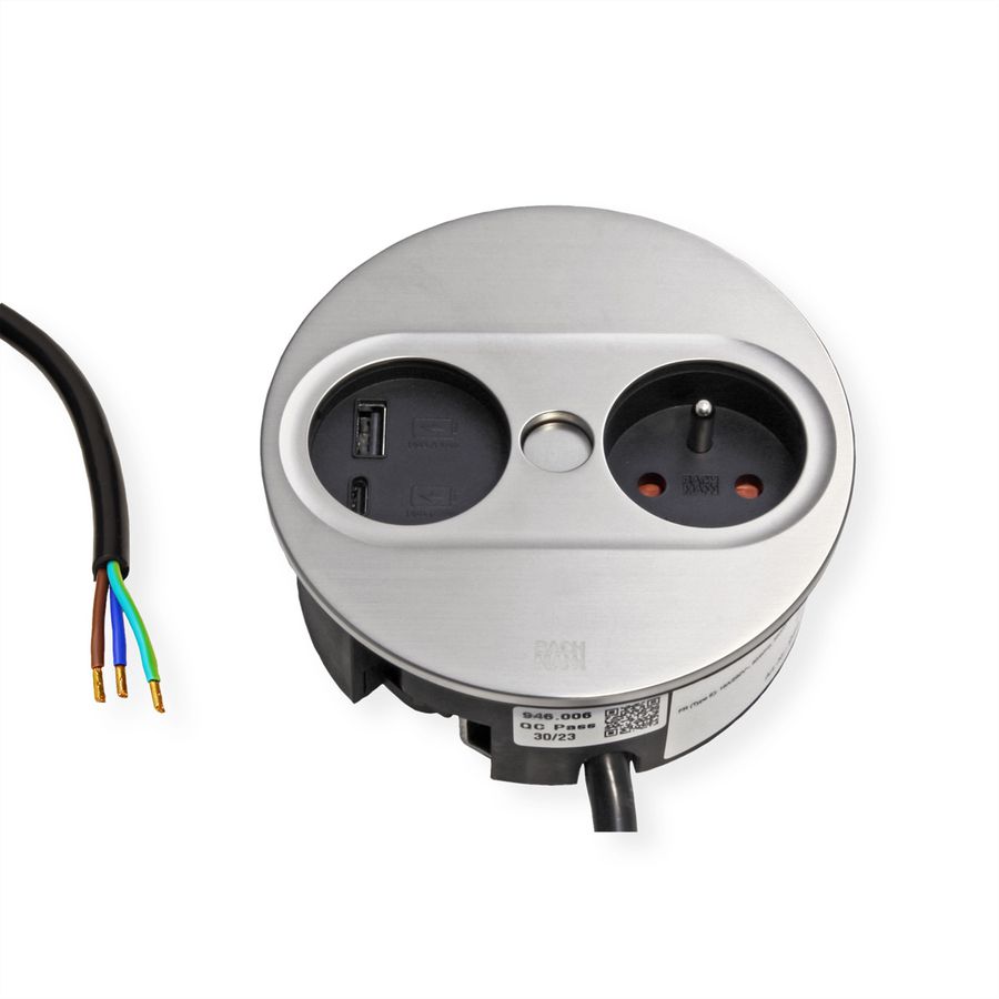 BACHMANN TWIST 2 1xUTE 1xUSB A/C 22W 2,0m AEH aspect inox rond, Mesure p.Sd. H05VV-F 3G2,5 CEE3x16A LAN