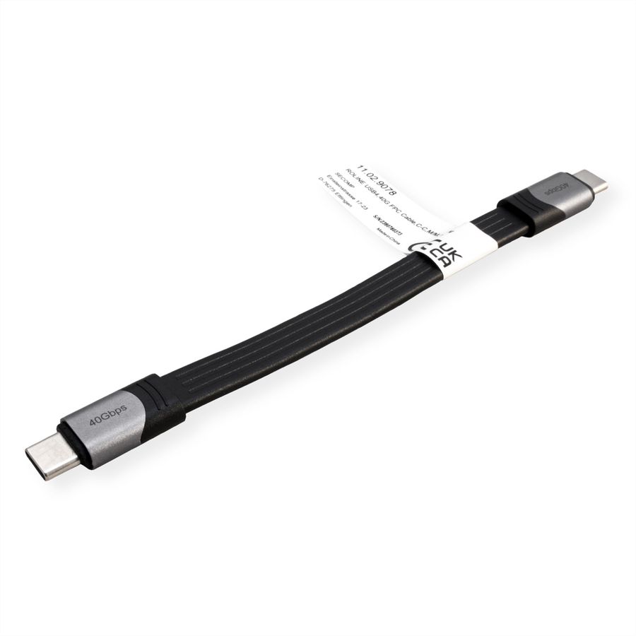 ROLINE Câble USB4 Gen3x2, C-C, M/M, 8K UHD-2, 40Gbit/s, 100W, plat, noir, 15 cm