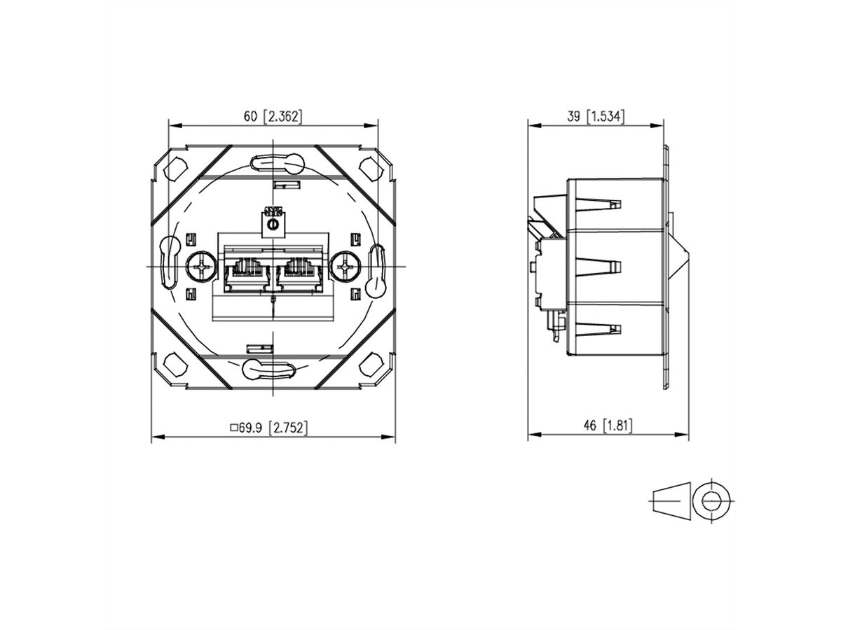 METZ CONNECT E-DAT C6A IDC Prise, 2 ports, encastré pour gammes d'interrupteurs design (UP0), métallique