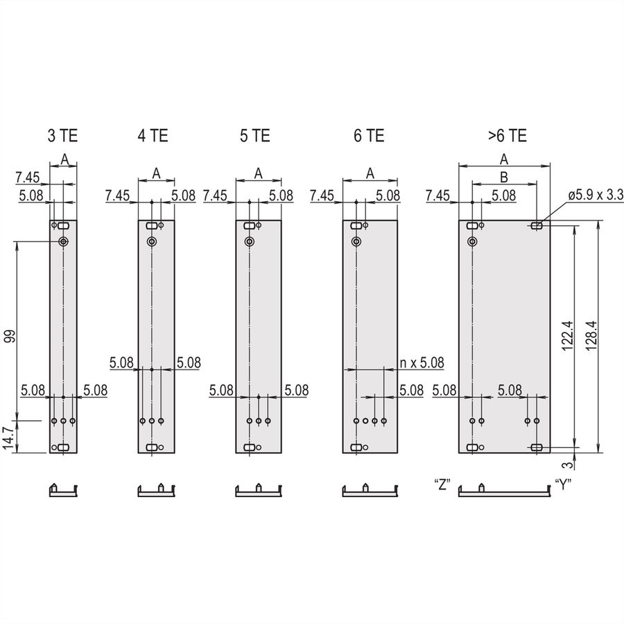 SCHROFF Plug-In Unit U-Profile Face avant pour poignée trapézoïdale statique, 3 U, 7 CV, 2,5 mm, alu, anodisé avant, conducteur arrière