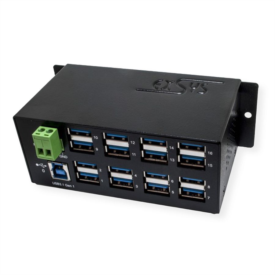 EXSYS EX-1113HMVS Hub à 16 ports USB 3.0/3.1(Gen1), protection de surtension et kit rail DIN