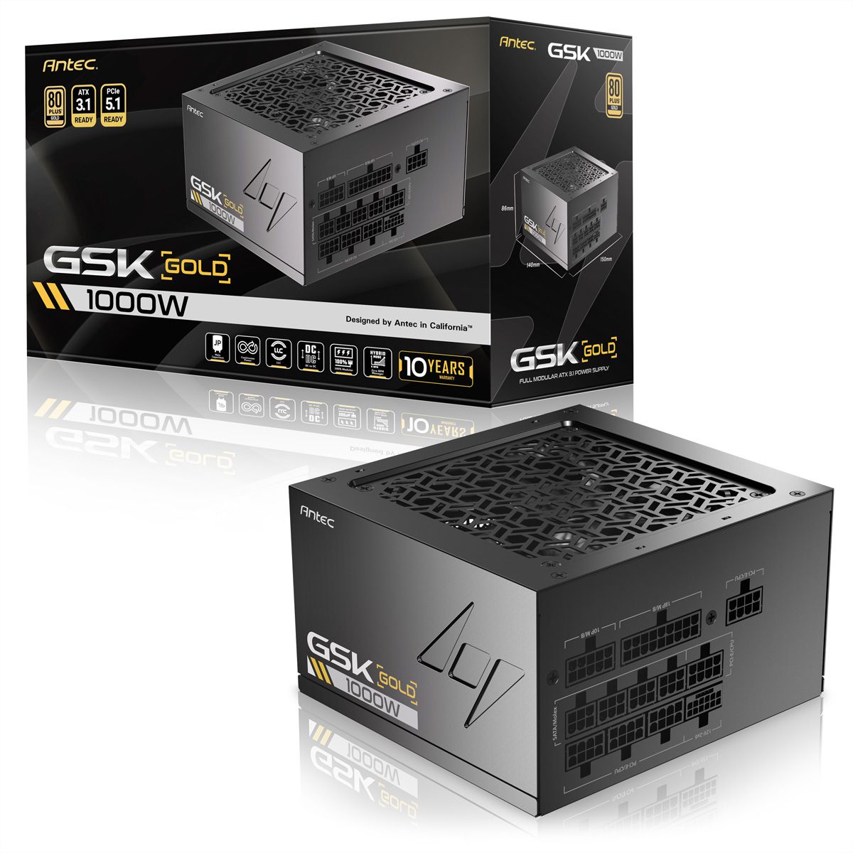 ANTEC GSK 1000 ATX3.1 Bloc d'alimentation 1000 W entièrement modulaire, certifié 80 PLUS Gold , noir
