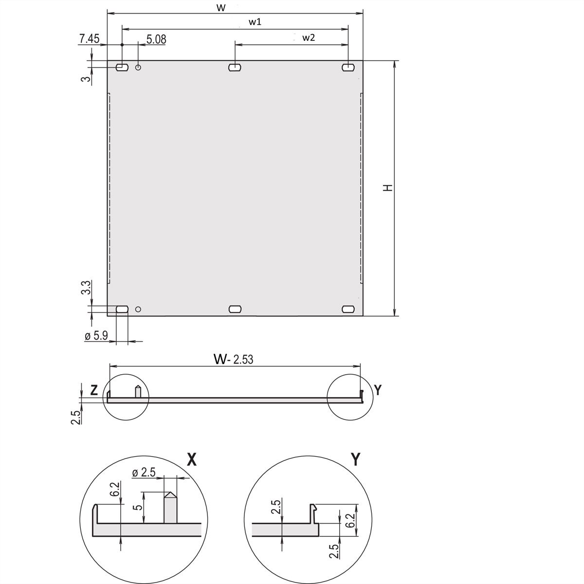 SCHROFF Face avant, profil en U, Refrofit Shielding, 6 U, 21 HP, 2,5 mm, Al, Anodisé frontal, Conducteur arrière