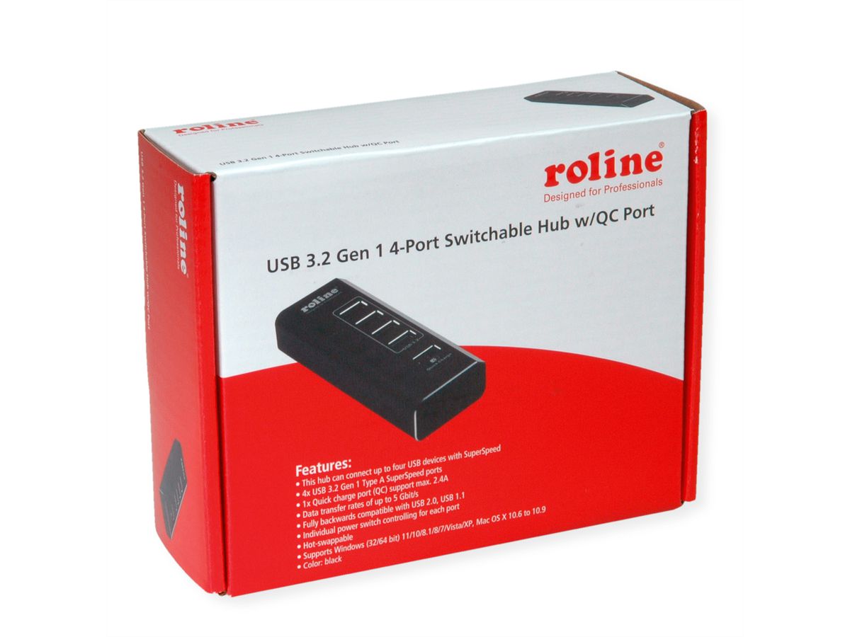ROLINE Hub Notebook USB 3.2 Gen 1, 4 ports + 1 port chargeur (QC), ports commutables individuellement