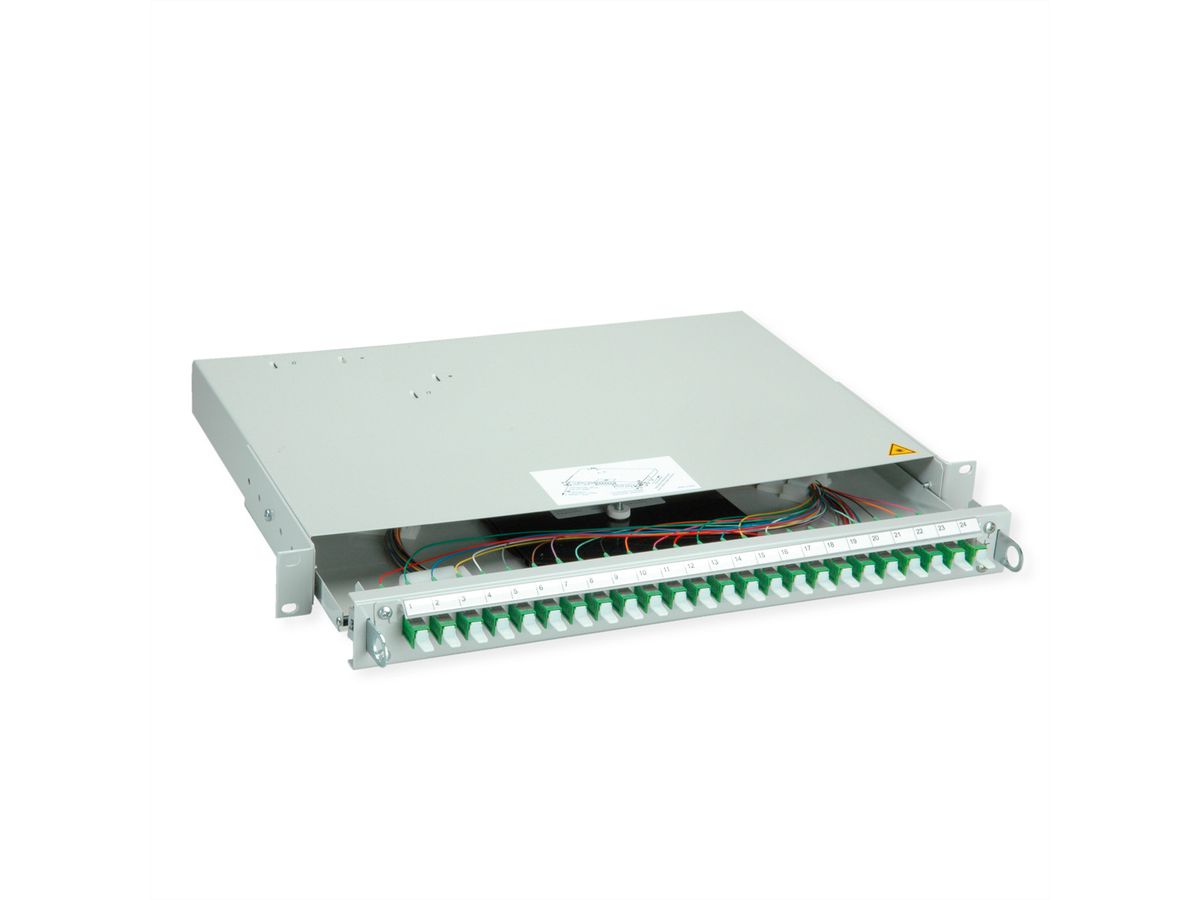 TELEGÄRTNER PROFI V Panneau FO avec coupleurs et pigtails, 24x E2000, vert, OS2 APC, Grade B