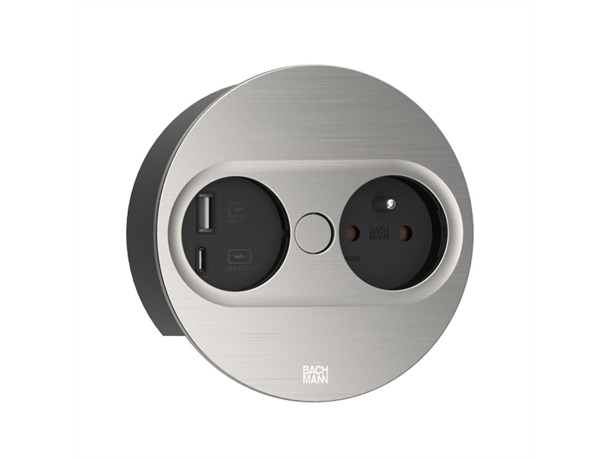 BACHMANN TWIST 2 1xUTE 1xUSB A/C 22W 2,0m AEH aspect inox rond, Mesure p.Sd. H05VV-F 3G2,5 CEE3x16A LAN
