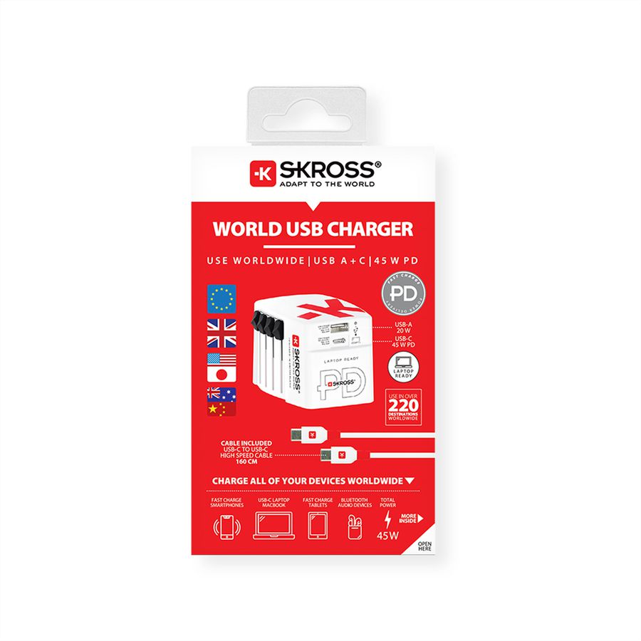 SKROSS Chargeur USB universel A/C 45PD avec câble USB-C, monde