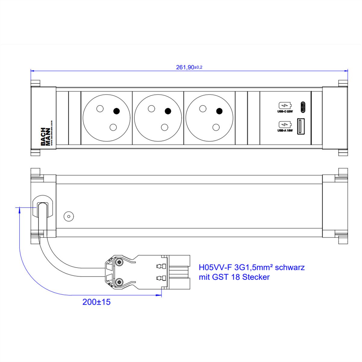 BACHMANN POWER FRAME M 3xUTE 1xUSB A&C 22W 0,2m GST18
