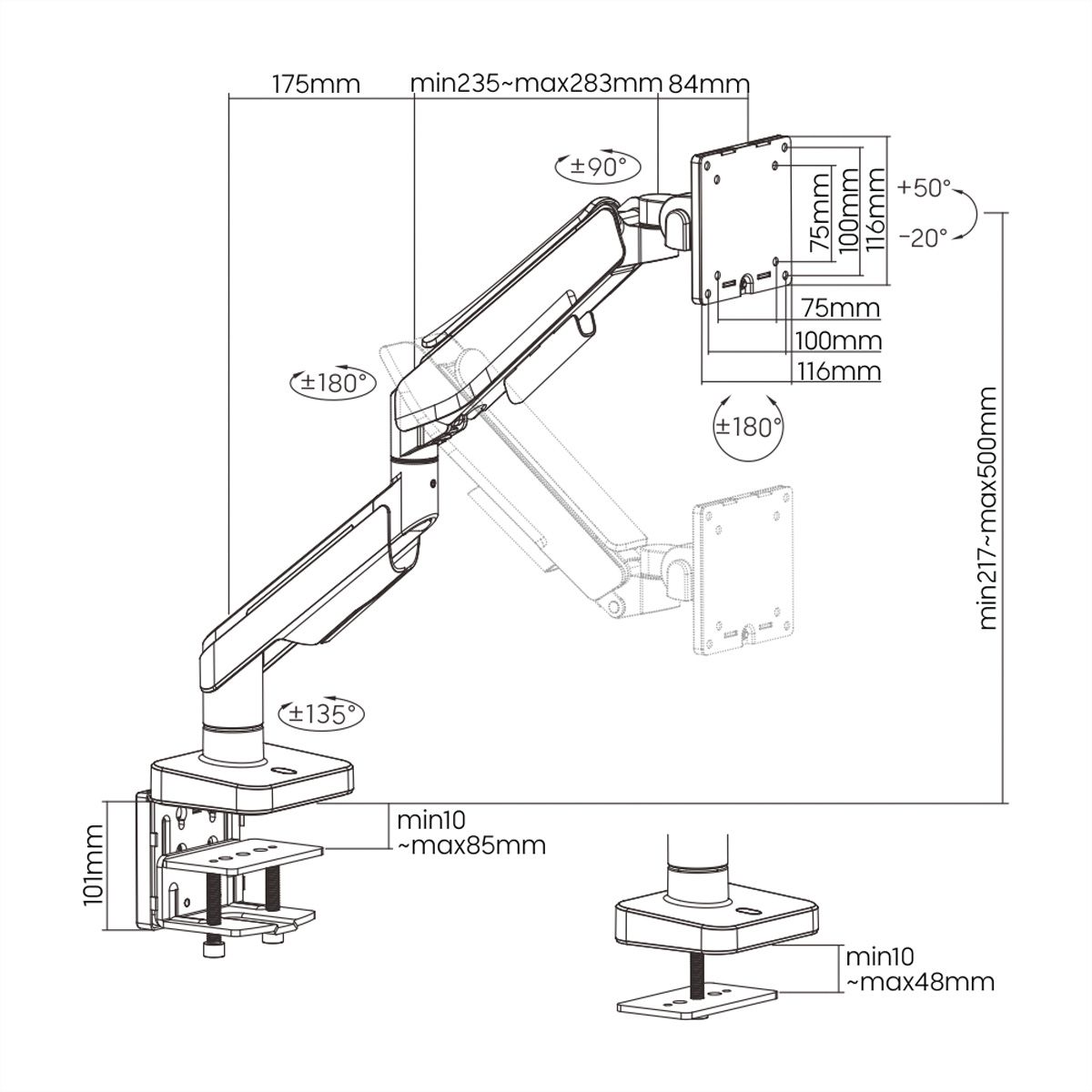 ROLINE Support LCD à gaz, fonction pivot, 5 axes de rotation, max. 20 kg