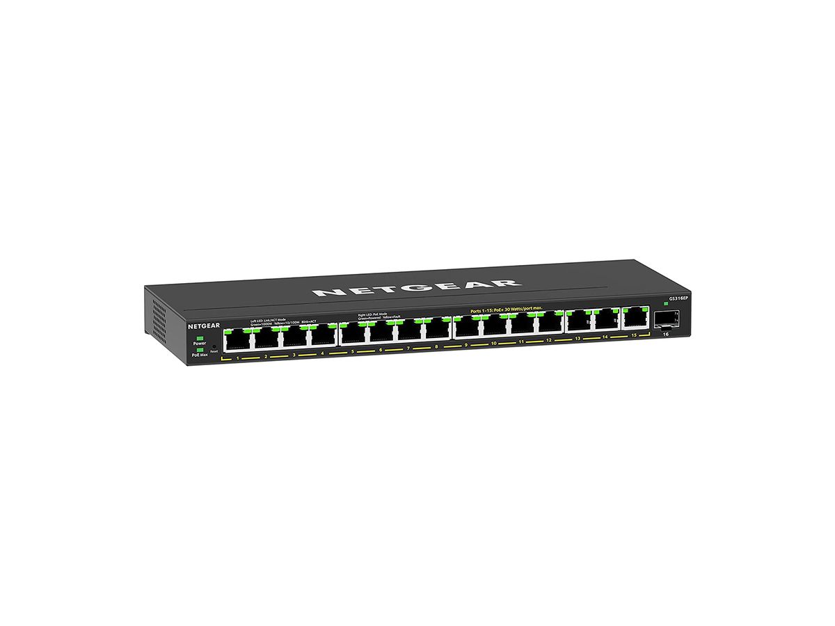 NETGEAR GS316EP-100PES commutateur réseau Géré Gigabit Ethernet (10/100/1000) Connexion Ethernet, supportant l'alimentation via ce port (PoE) Noir