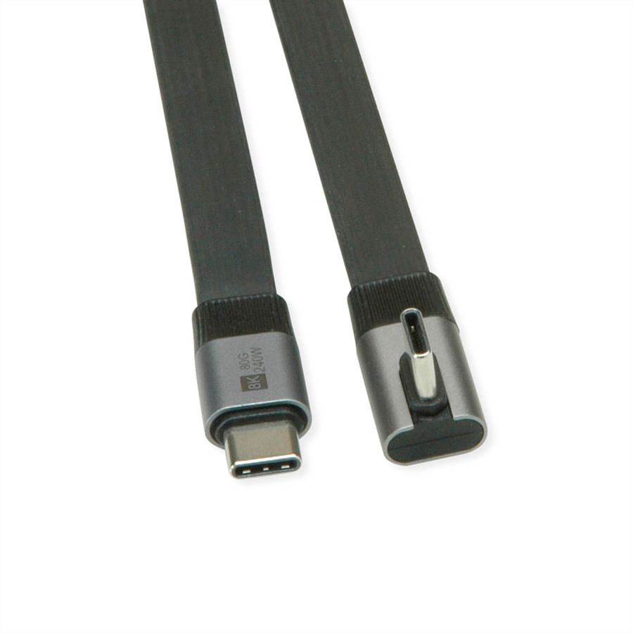 ROLINE Câble USB4 2.0 plat, C–C, M/M, 8K UHD-2, 80Gbit/s, 240W, un côté coudé à 90°, noir, 0,8 m