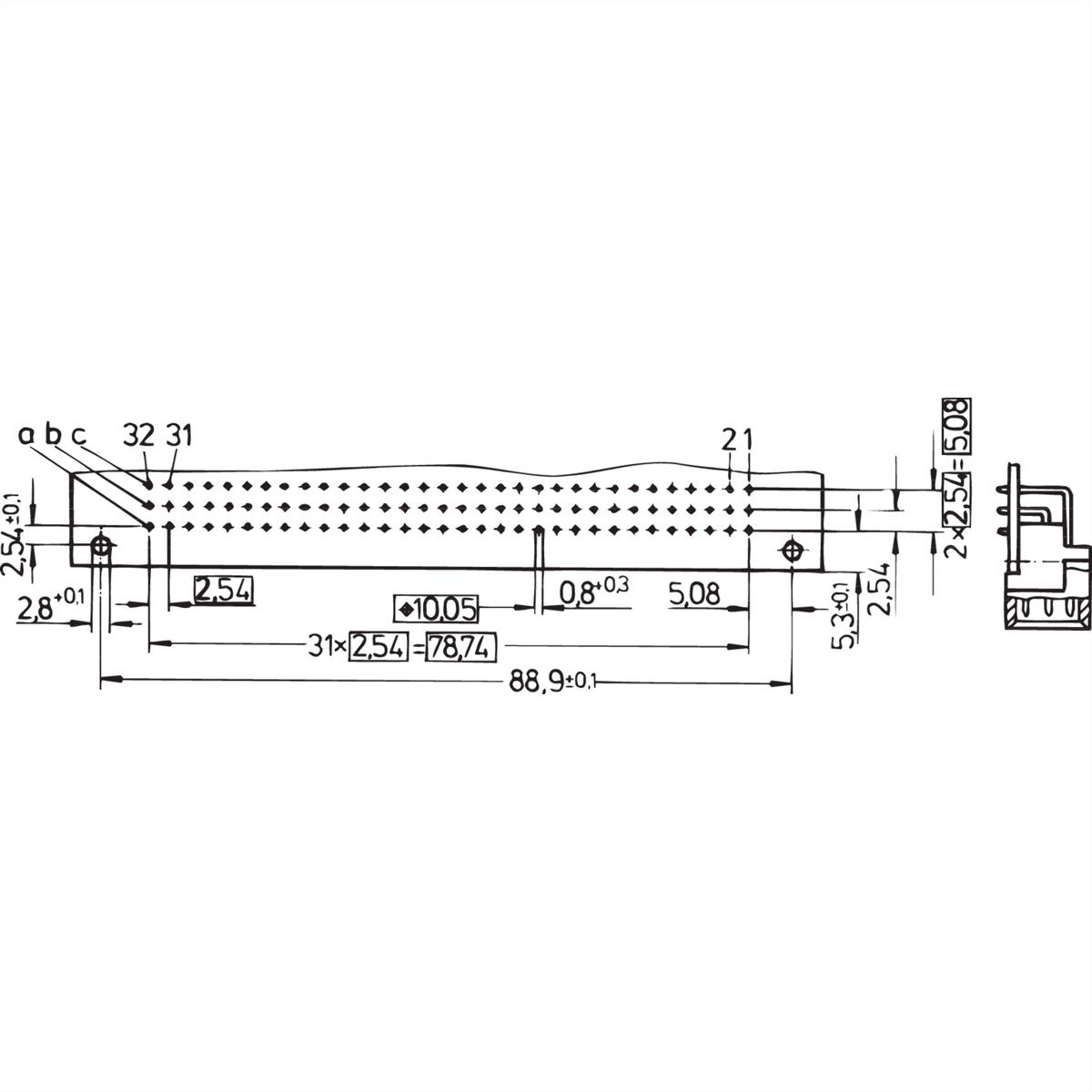 Connecteur SCHROFF de type C, EN 60603, DIN 41612, mâle, 64 contacts, broches à souder, 3 mm