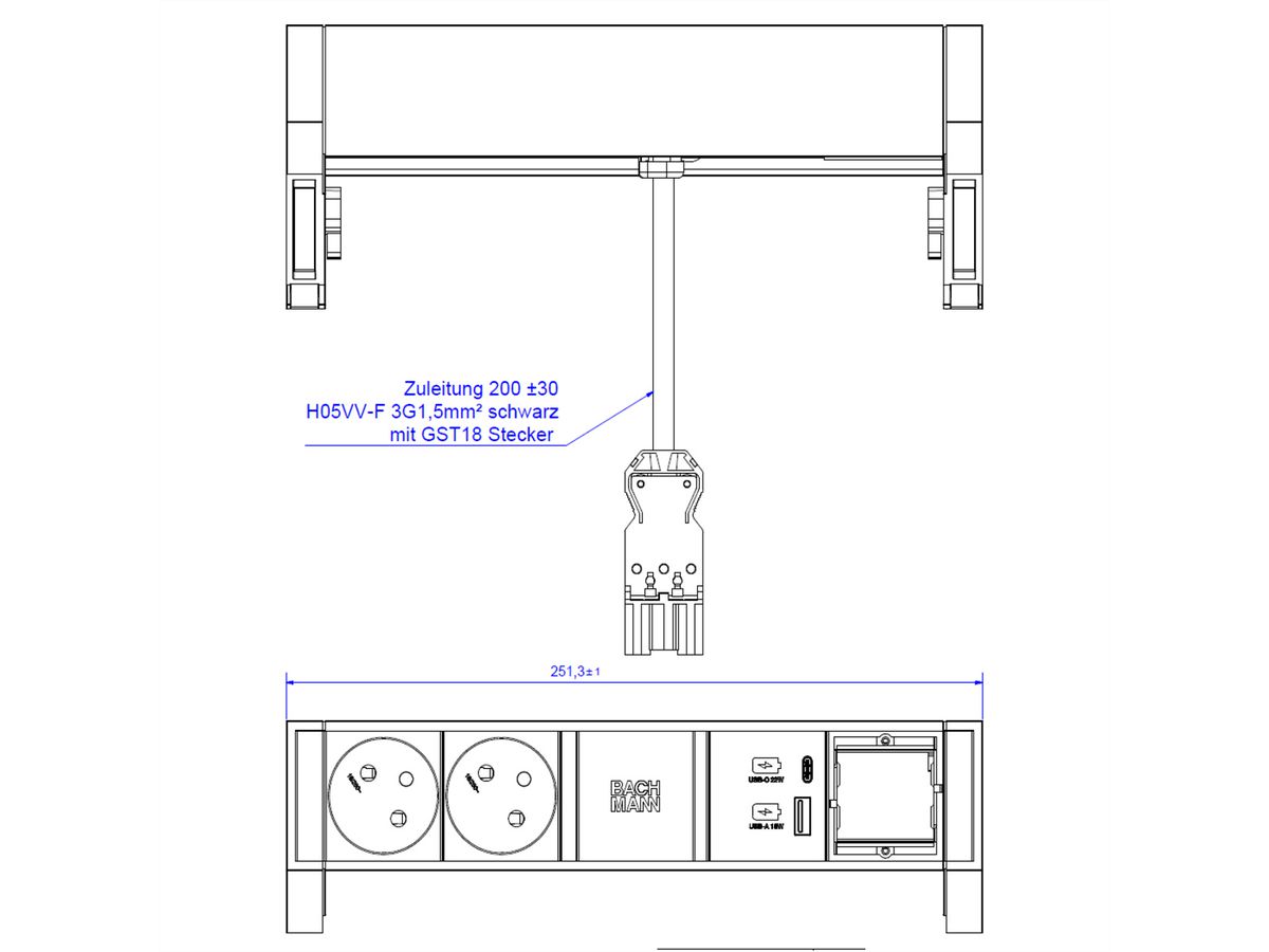BACHMANN DESK2 2xUTE 1xUSB A&C 22W 1xCM 0,2m GST18 INOX