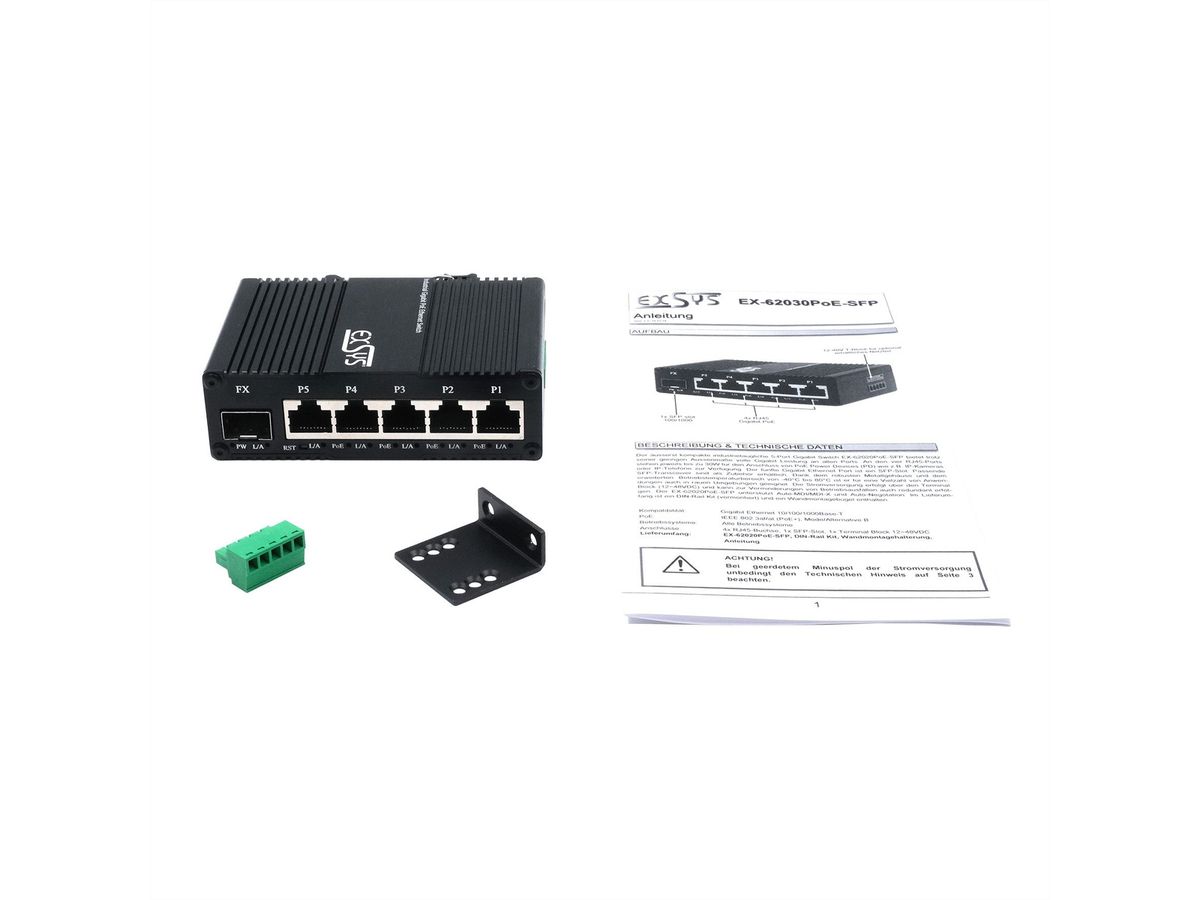 EXSYS EX-62030MPoE-SFP Mini Switch Gigabit SFP PoE+ industriel 5+1 ports, géré par le Web