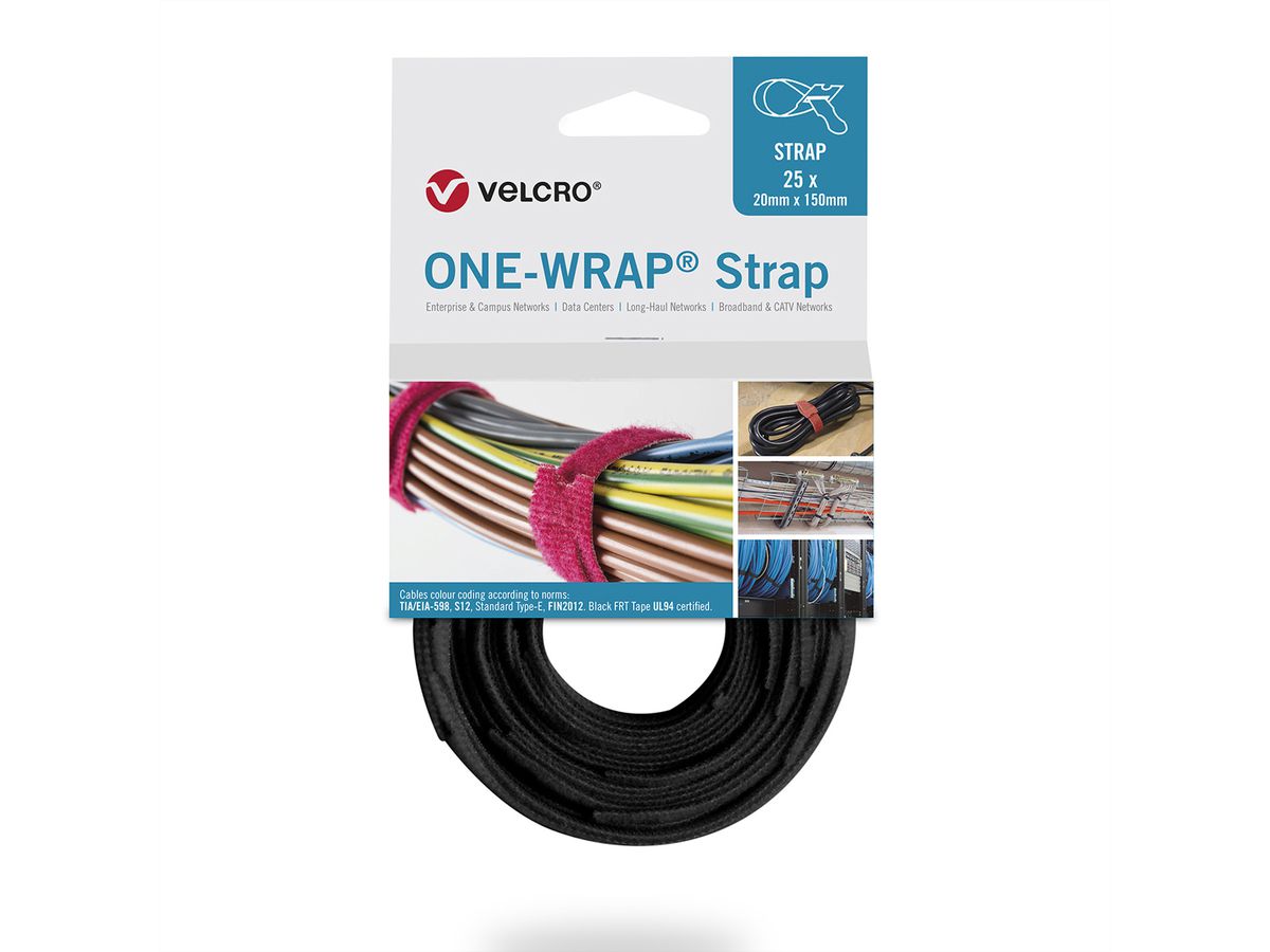 VELCRO® One Wrap® Strap 20mm x 200mm, 25 pièces, ignifugé, noir