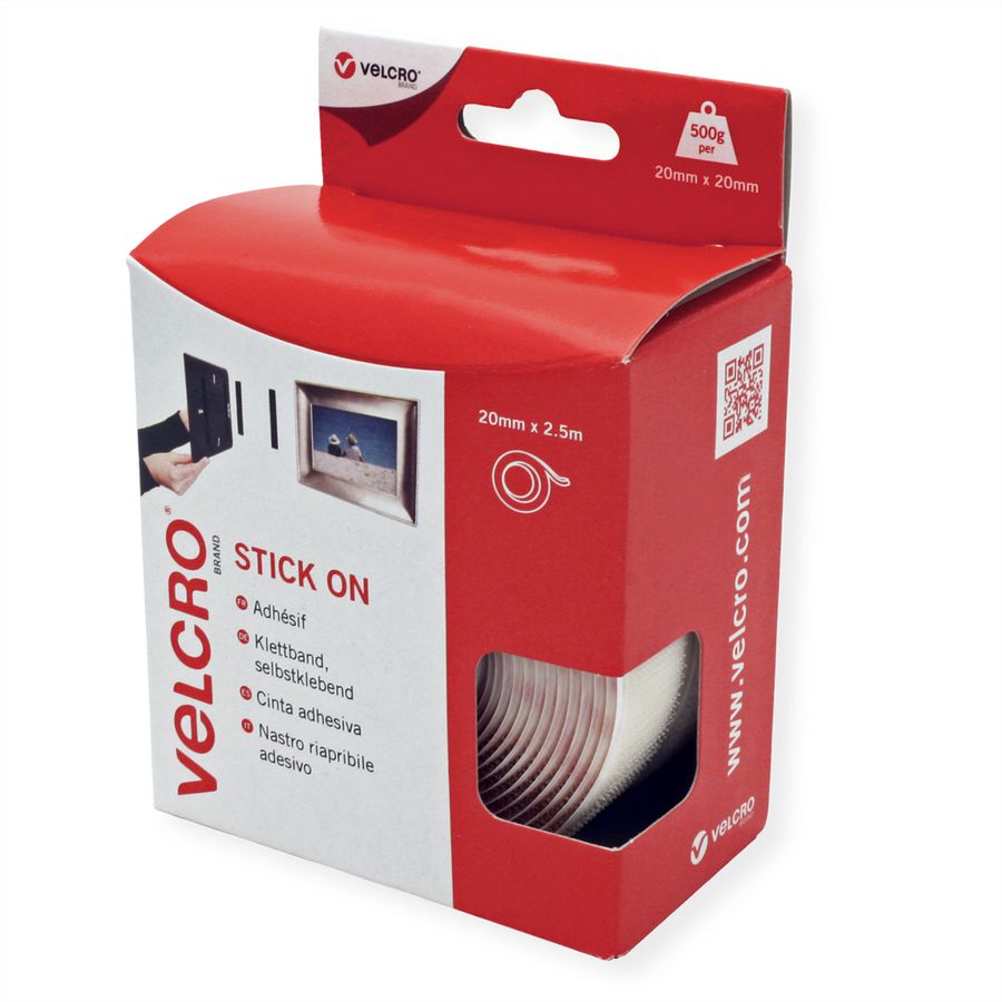 VELCRO® Bande 20mmx2.5m blanc, crochets & velours autocollants