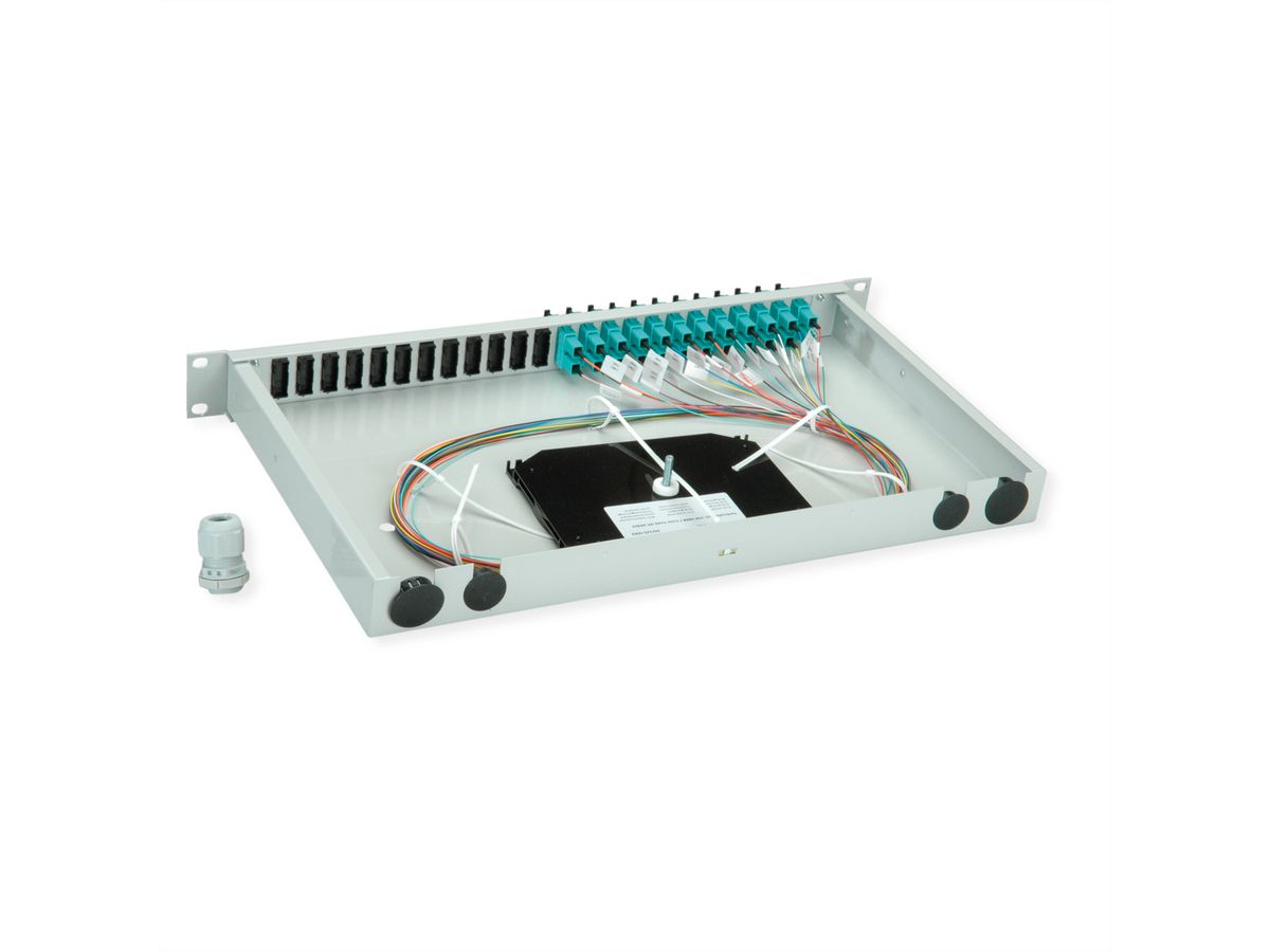TELEGÄRTNER BASIS eco Panneau FO avec coupleurs et pigtails, 12x SC Duplex, türkis, OM3, Grade C