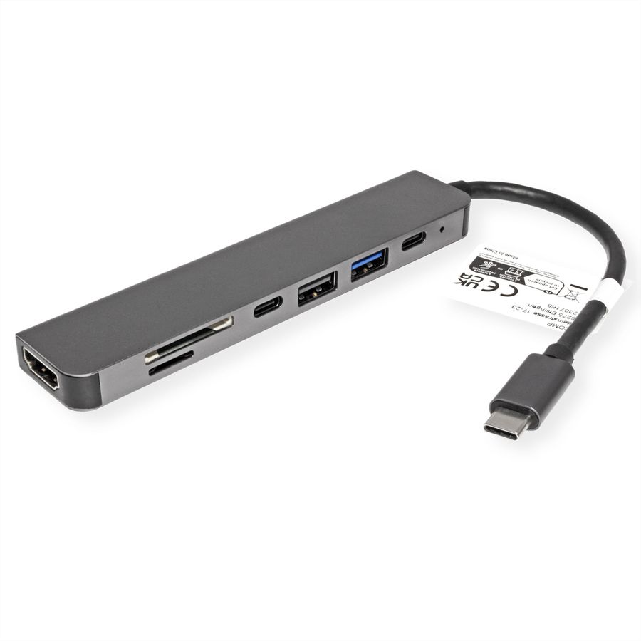 VALUE Station d'accueil USB type C, HDMI 4K60, 2x USB2.0 (A+C) + 1x USB3.2 Gen1 (A), 1x PD, 1x SD/TF