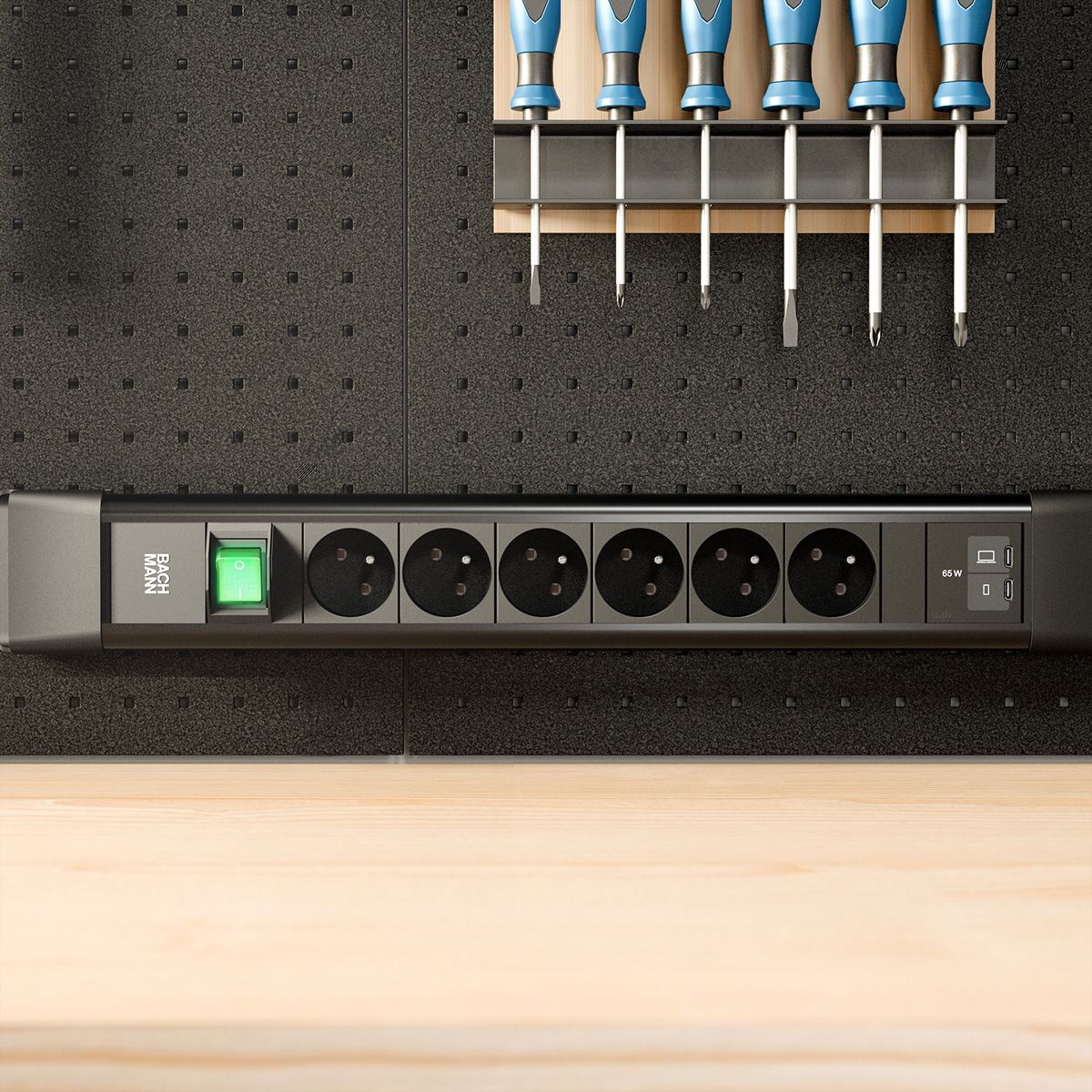 BACHMANN CONNECTUS 6xUTE 1xinterrupteur, 1xUSB C/C 65W L=2,0m CEE7/7 noir