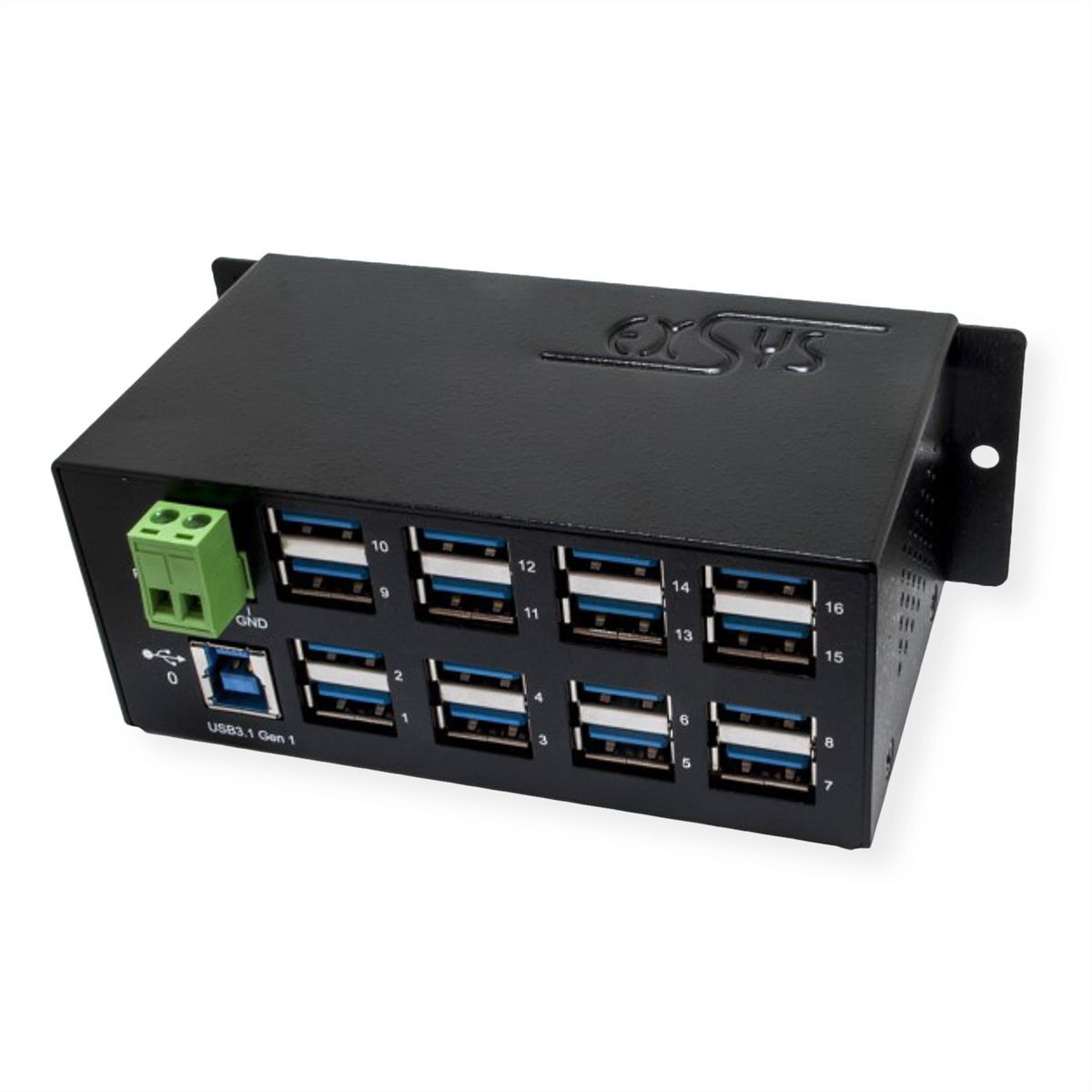 EXSYS EX-1113HMVS Hub à 16 ports USB 3.0/3.1(Gen1), protection de surtension et kit rail DIN