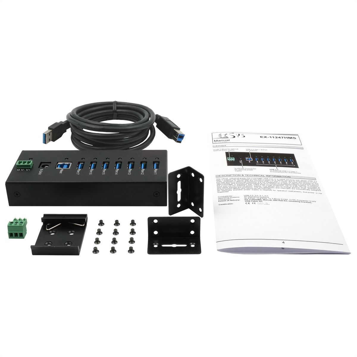 EXSYS EX-11247HMS HUB 7 ports USB 3.2 Gen 1 Din-Rail Kit et mur VIA VL813 Chipset