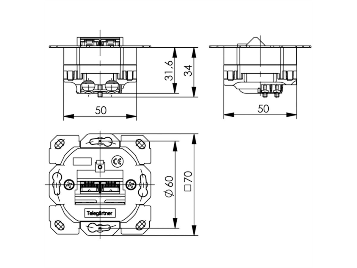 TELEGÄRTNER Embase double AMJ45 sans plaque centrale, Cat.6A (Classe EA), (A+C)