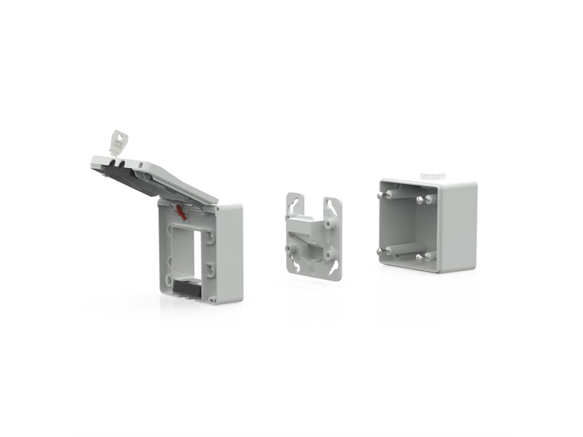 METZ CONNECT Boîtier apparent pour module IP44 , Couvercle rabattable + serrure, 2 ports non équipés , gris