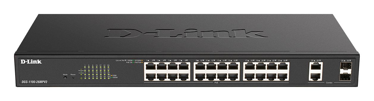 D-Link DGS-1100-26MPV2 commutateur réseau Géré L2 Gigabit Ethernet (10/100/1000) Connexion Ethernet, supportant l'alimentation via ce port (PoE) Noir