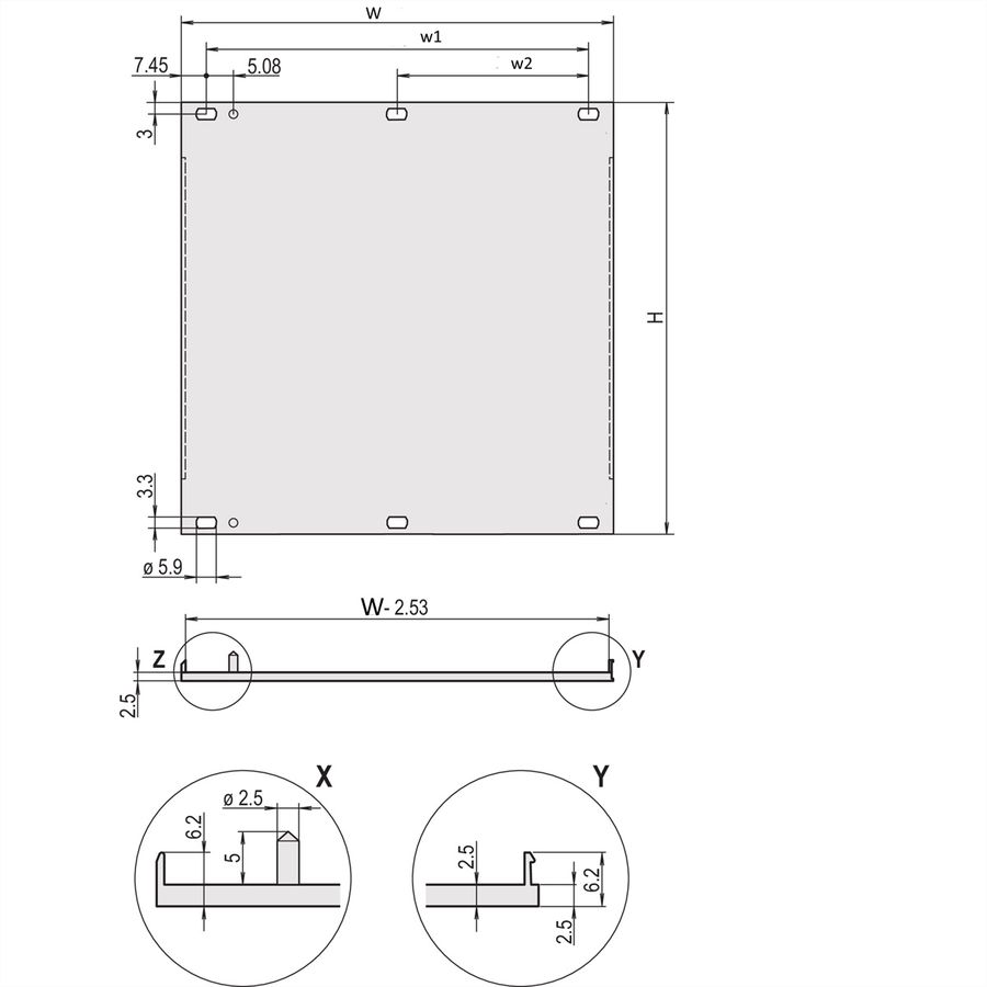 SCHROFF Face avant, profil en U, Refrofit Shielding, 4 U, 42 HP, 2,5 mm, alu, face avant anodisée, face arrière conductrice