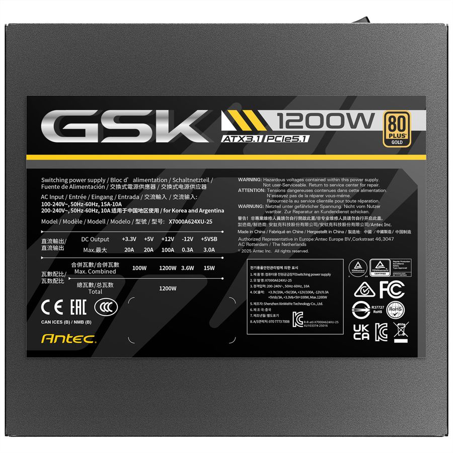 ANTEC GSK 1200 ATX3.1 Bloc d'alimentation 1200 W entièrement modulaire, certifié 80 PLUS Gold , noir