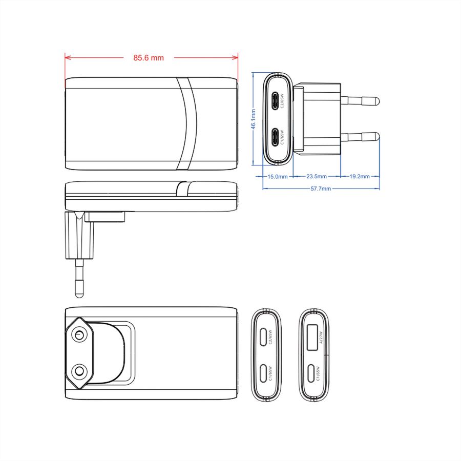 VALUE Chargeur USB, 2 ports type A+C, 65W, prise euro / US
