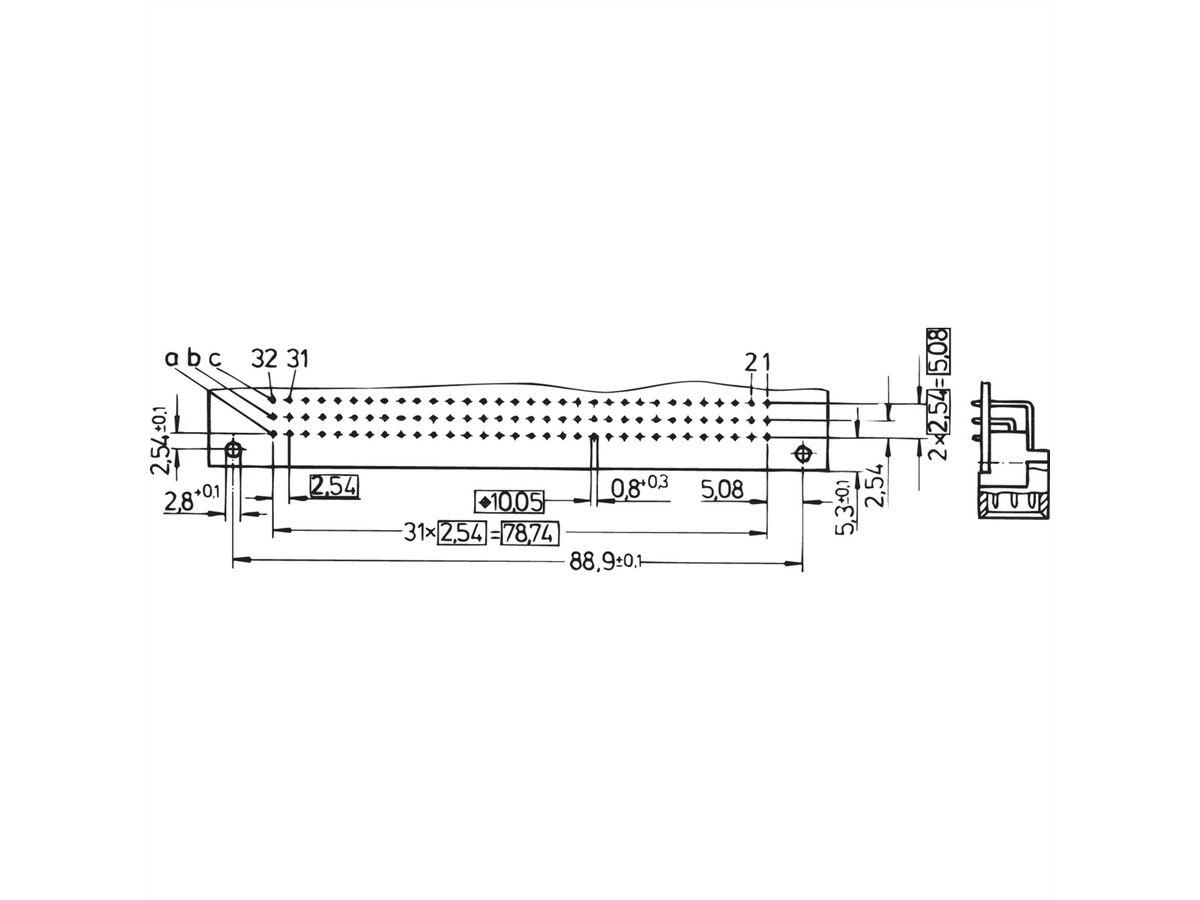 Connecteur SCHROFF de type C, EN 60603, DIN 41612, mâle, 32 contacts, broches à souder, 3 mm