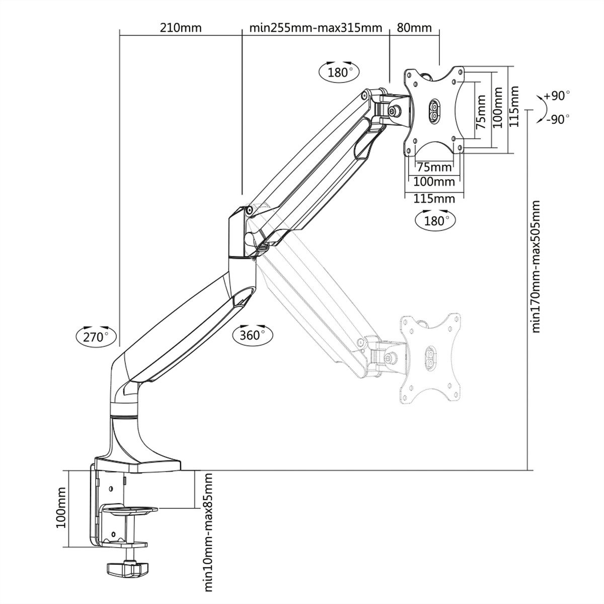VALUE Support LCD, montage sur bureau, vérin à gaz, 5 articulations