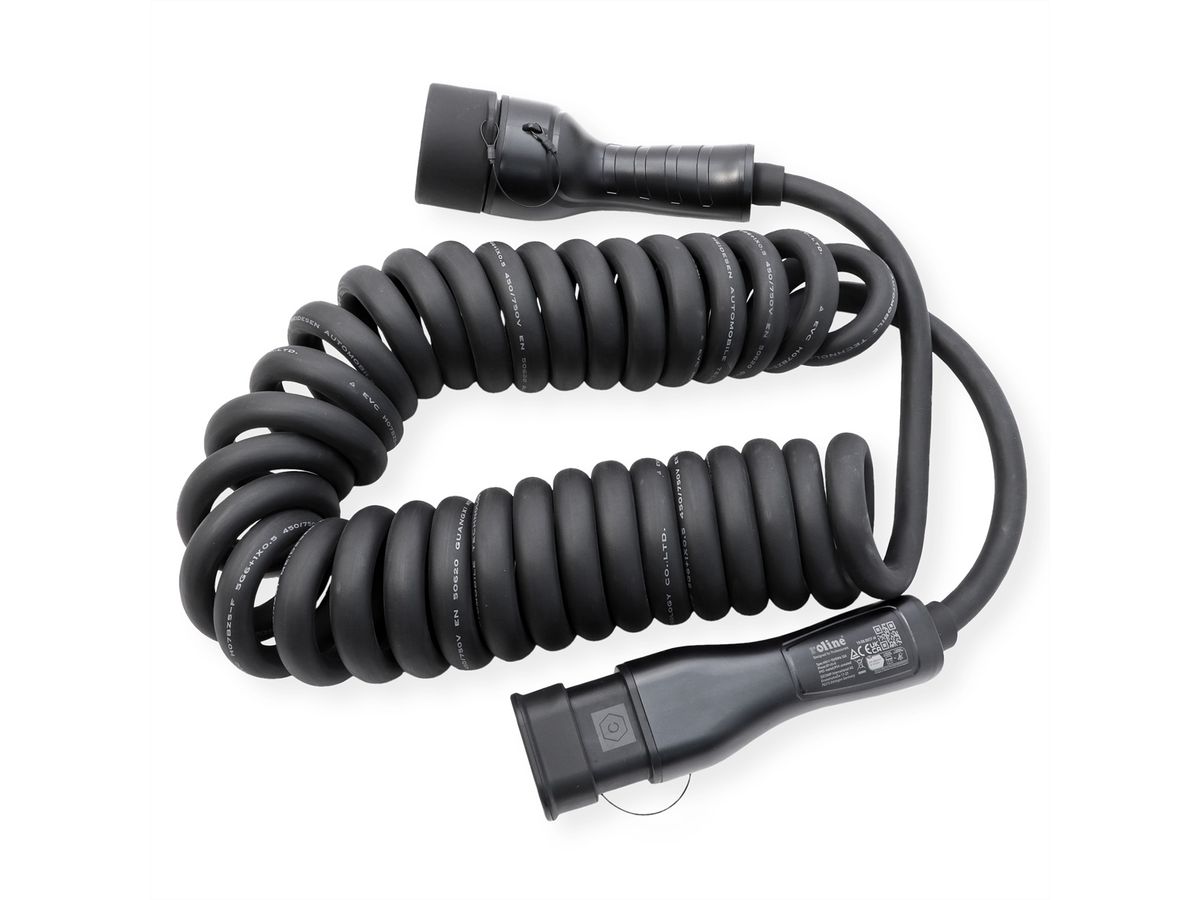 ROLINE Câble de recharge VE type2, 3-Phases, 480VAC (3P+N+E), 32 A, 22 kW, spirale, 7,5 m
