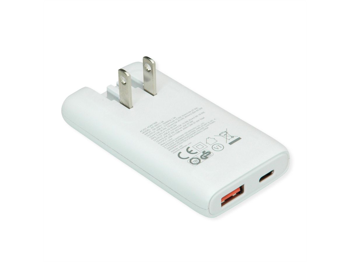 VALUE Chargeur USB, 2 ports type A+C, 65W, prise euro / US