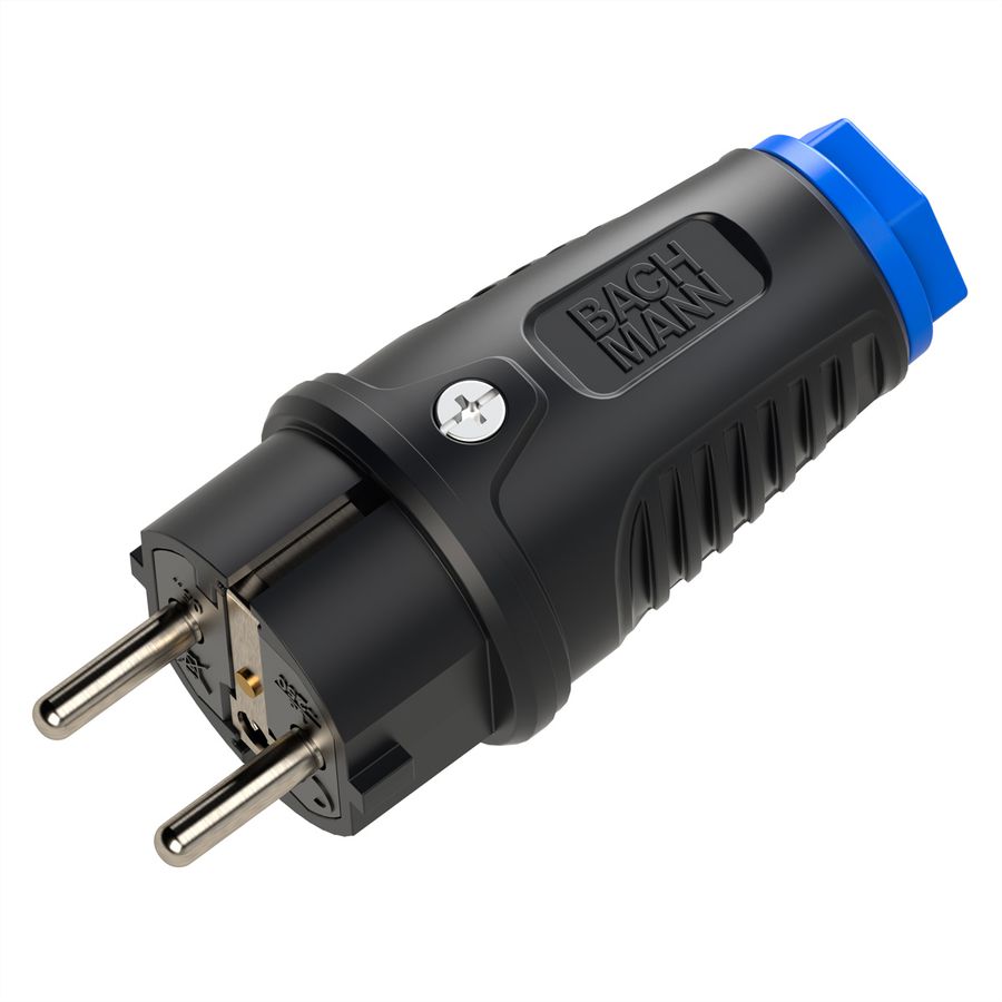 BACHMANN Connecteur 2P+T caoutchouc plein CEE7/7 , IP54, bleu / noir