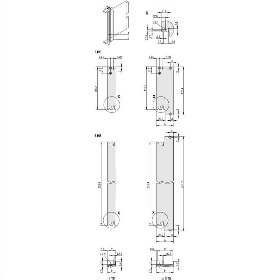SCHROFF Plug-In Unit U-Profile Face avant pour IEL, IET ou Poignée Type 2, 3 U, 11 CV,2,5 mm, Al, Anodisé frontal, Conducteur arrière