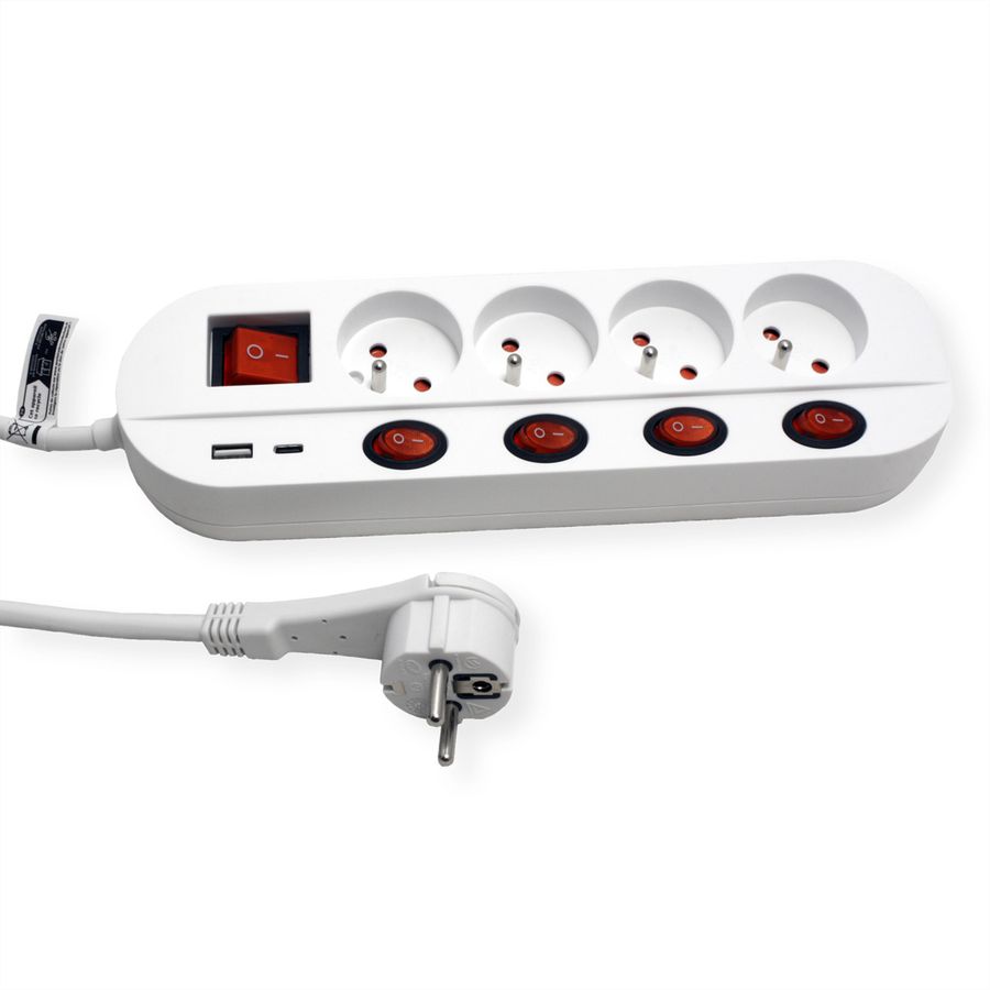 ROLINE Prise multiple, 4x avec interrupteur, Fast Charger, 1x USB A+C, 3 m