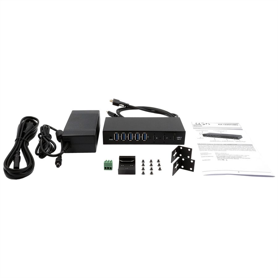 EXSYS EX-12297HMS HUB métallique 7 ports USB 3.2 Gen 2x1, 2x USB-C et 5x USB-A 3.2 Gen 1, pour table, mur et rail DIN