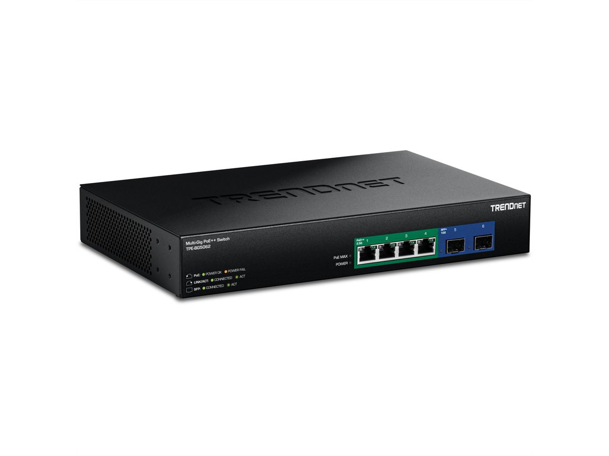 TRENDnet TPE-BG5062 Switch PoE++ 2,5G GaN à 6 ports, avec ports SFP+ 10G (240W)