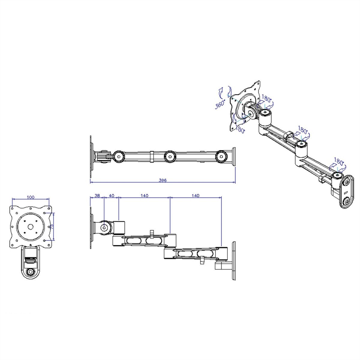 ROLINE Bras LCD pivotant, 5 pivots, montage mural, noir
