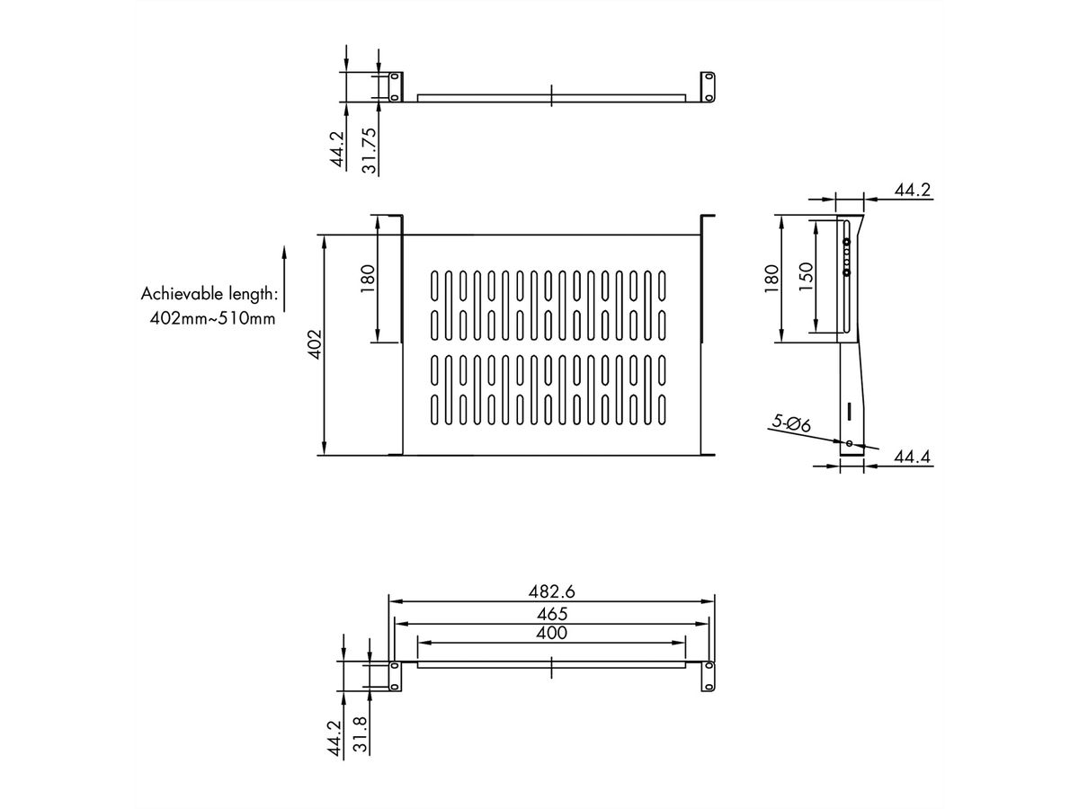 VALUE Etagère 19", 485 x 400 mm, 1 U, max. 25 kg, forme en U, noir