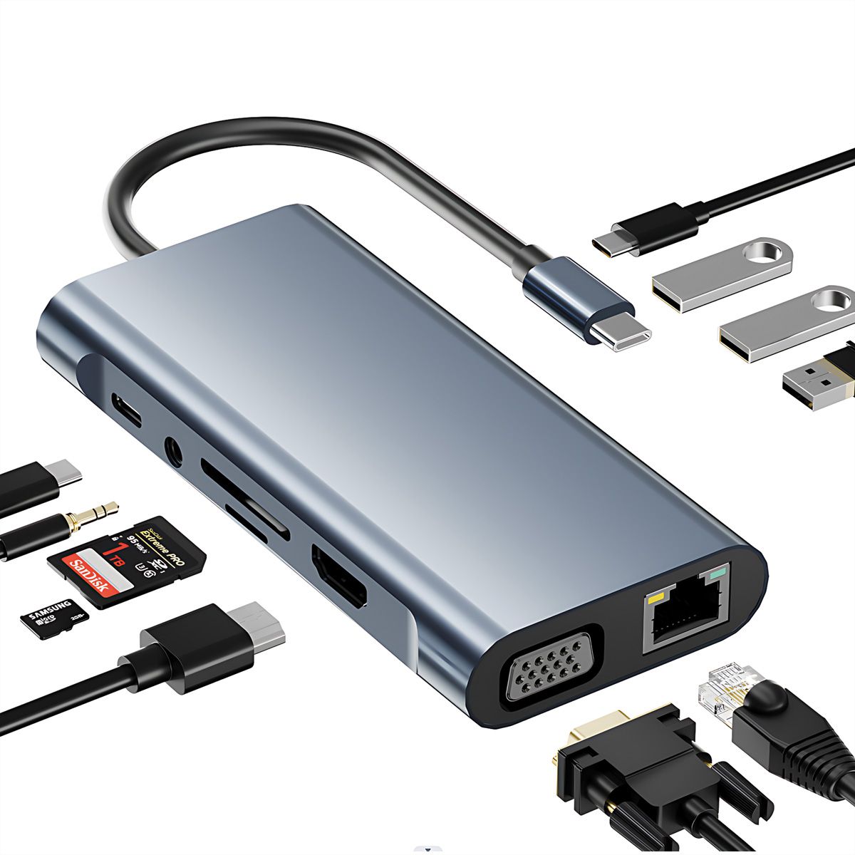 VALUE Station d'accueil USB type C, HDMI 4K60, VGA, 1x Gigabit Ethernet, 2x USB A + type C PD, 1x SD/microSD, 1x audio