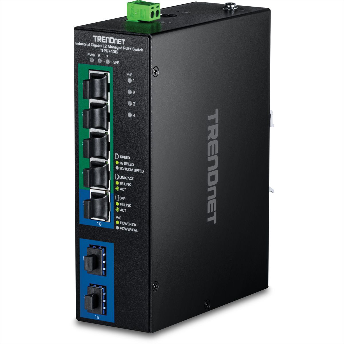 TRENDnet TI-PG743Bi Switch industriel Rail DIN Gigabit PoE+ L2 administrable à 7 ports 24 – 57V