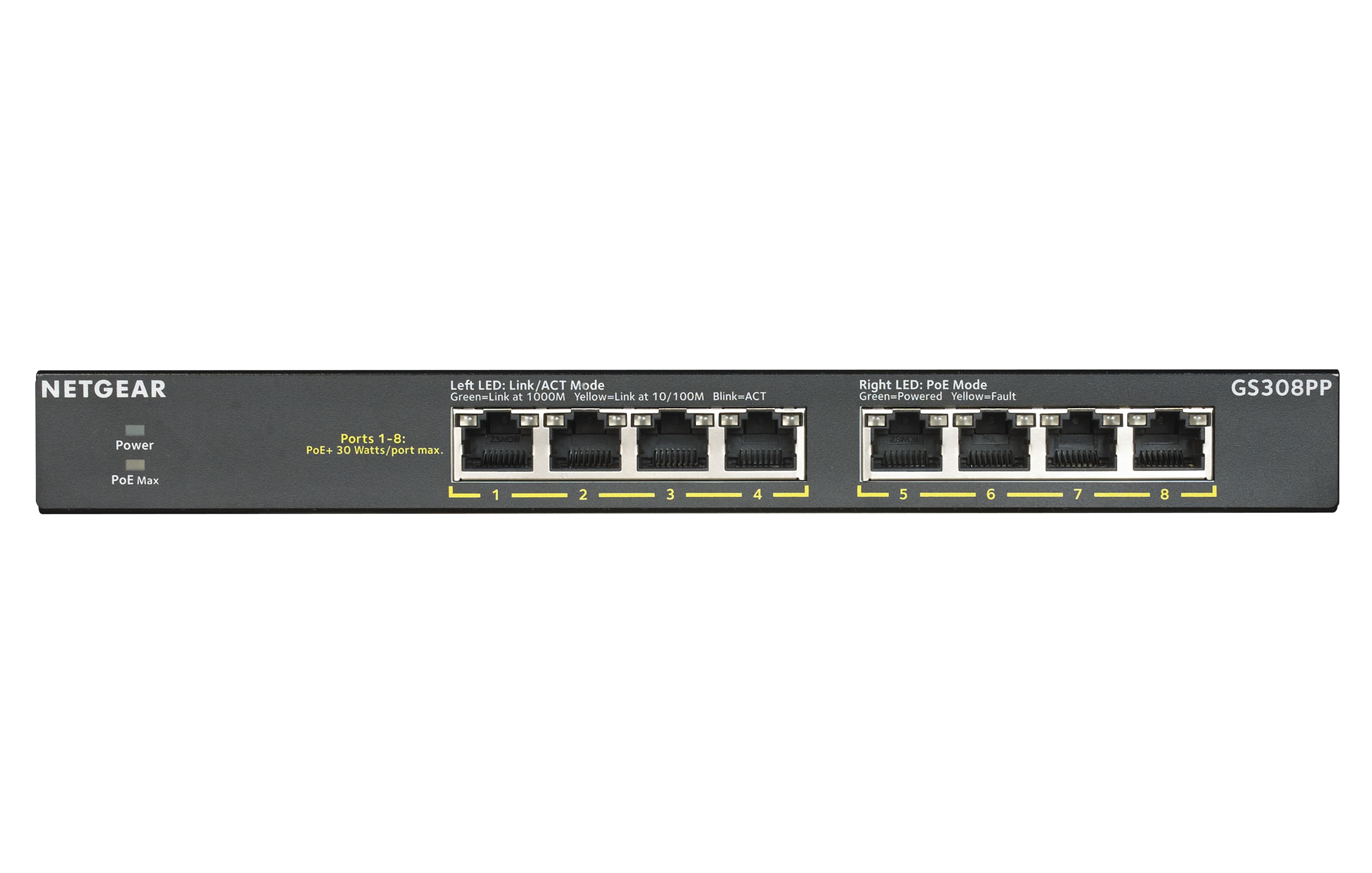 Netgear GS308PP Non-géré Gigabit Ethernet (10/100/1000) Connexion Ethernet, supportant l'alimentation via ce port (PoE) Noir