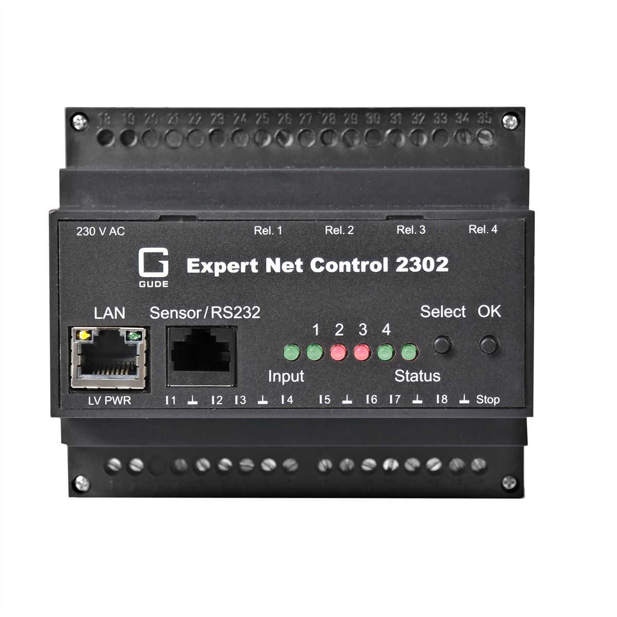 GUDE 2302-1 EPC NET 4x RelaisOut, 8 entrées, 1 port capteur, rail DIN