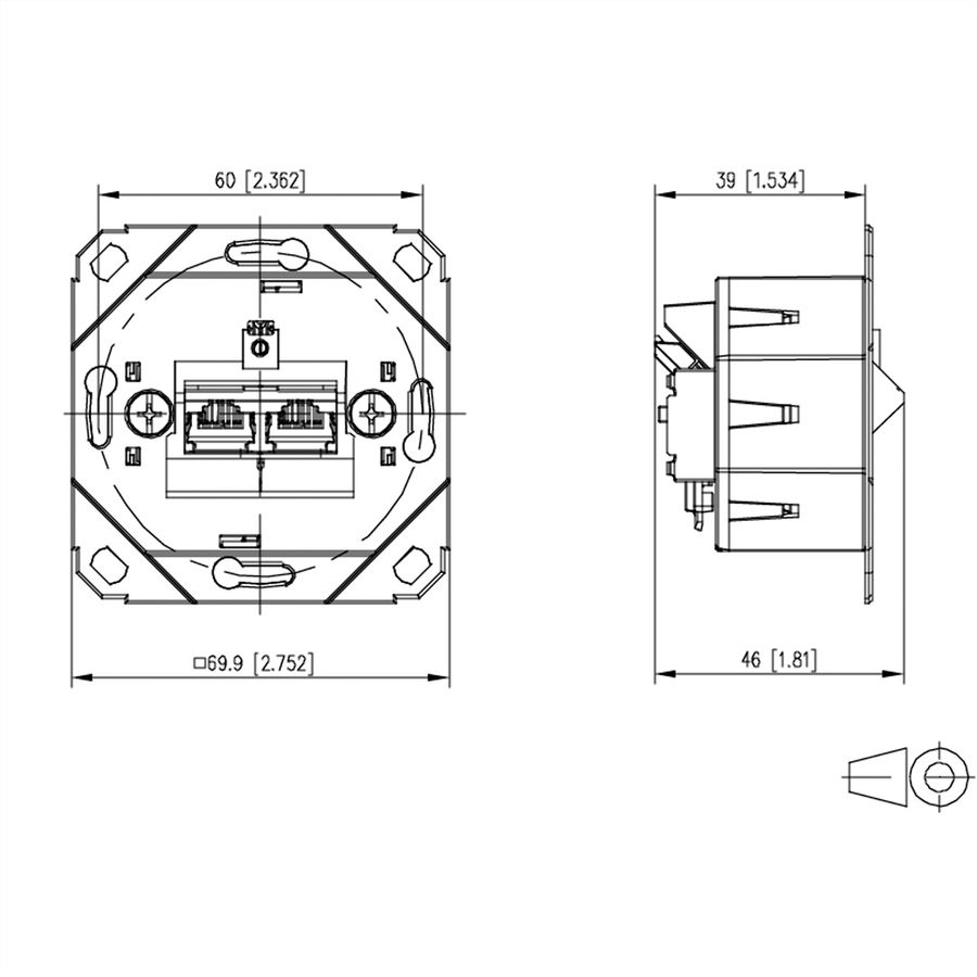 METZ CONNECT E-DAT C6A IDC Prise, 2 ports, encastré pour gammes d'interrupteurs design (UP0), métallique