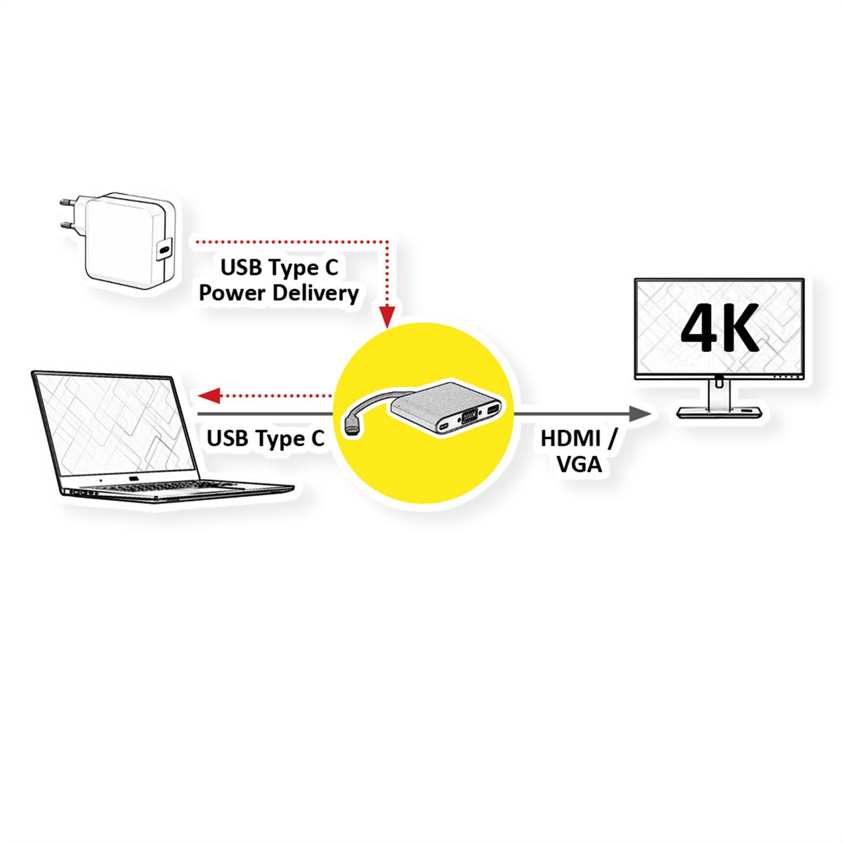 ROLINE GOLD Adaptateur Type C - VGA / HDMI / C (PD), M/F