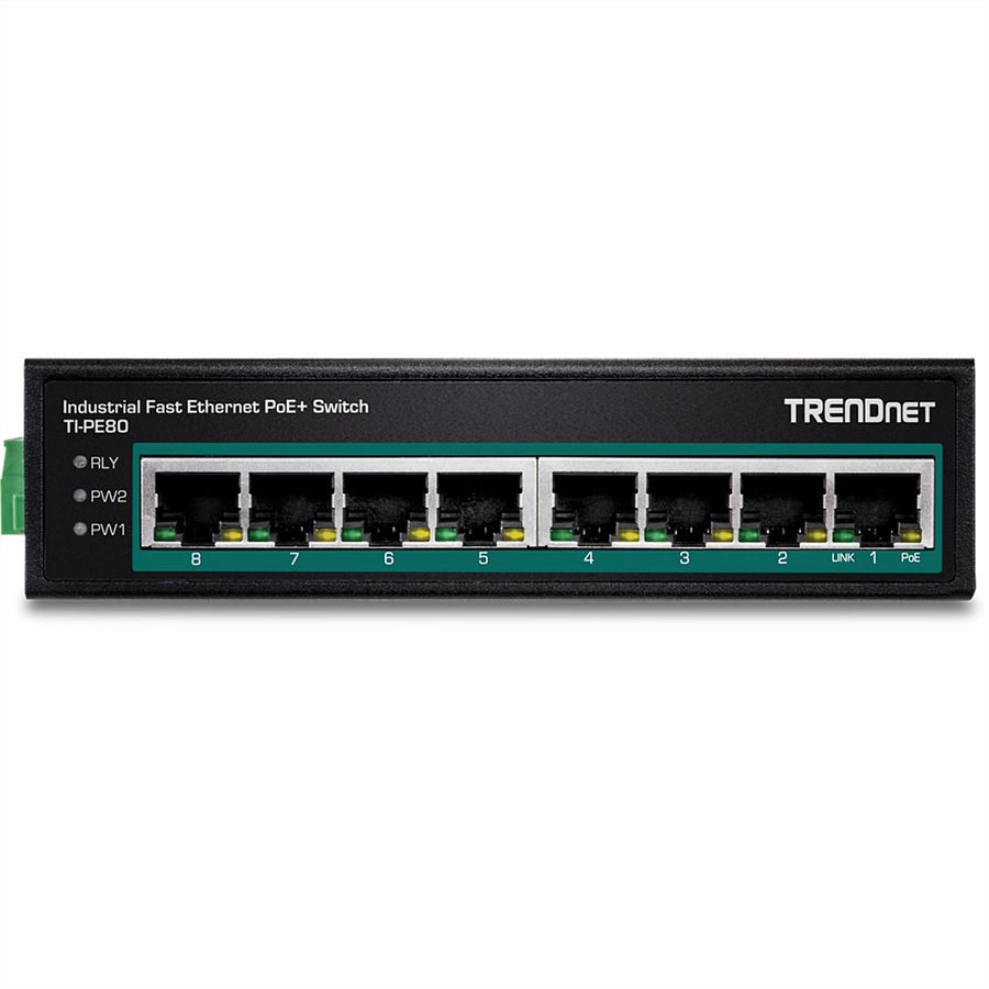 TRENDnet TI-PE80 Switch Rail DIN Fast Ethernet PoE+ industriel à 8 ports