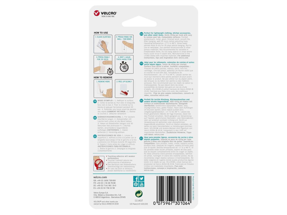 VELCRO® HANGables Petits crochets adhésifs 450 g, 2 pièces, amovibles, blancs